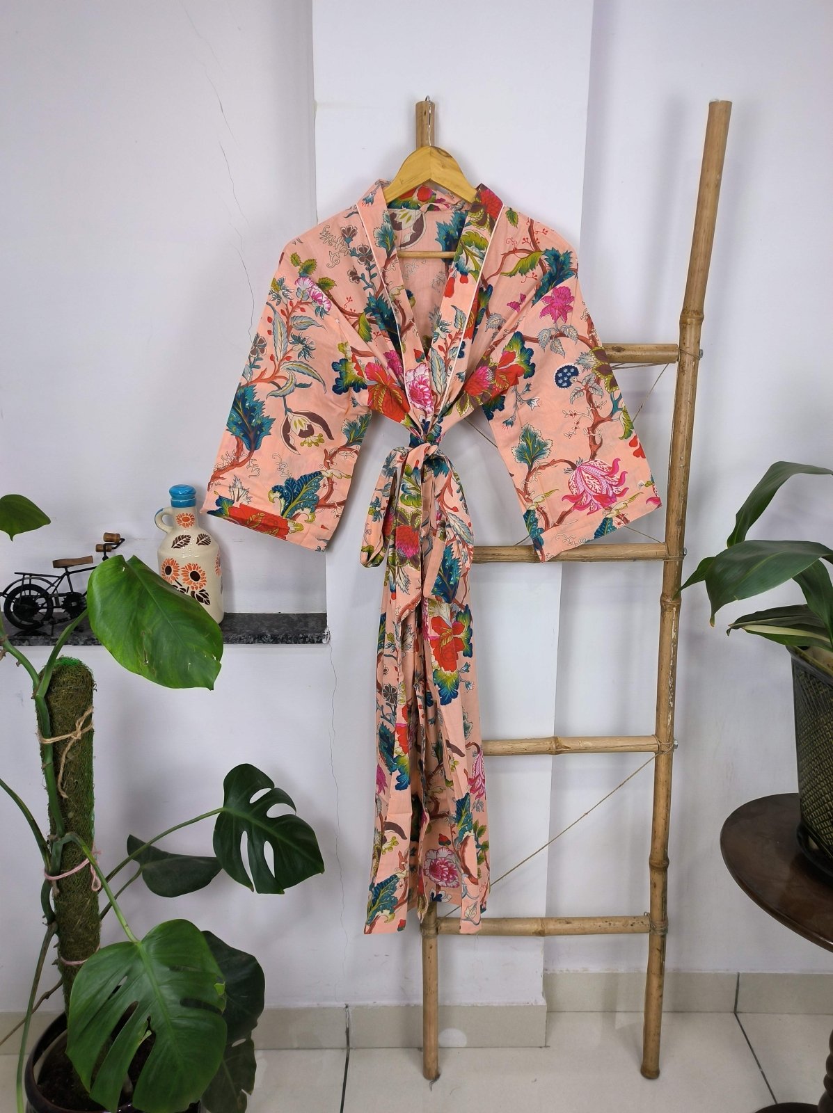 Boho House Robe Indian Handprinted Cotton Kimono Botanical Patter | Perfect for Summer Luxury Beach Holidays Yacht Cover Up Stunning Dress - The Eastern Loom