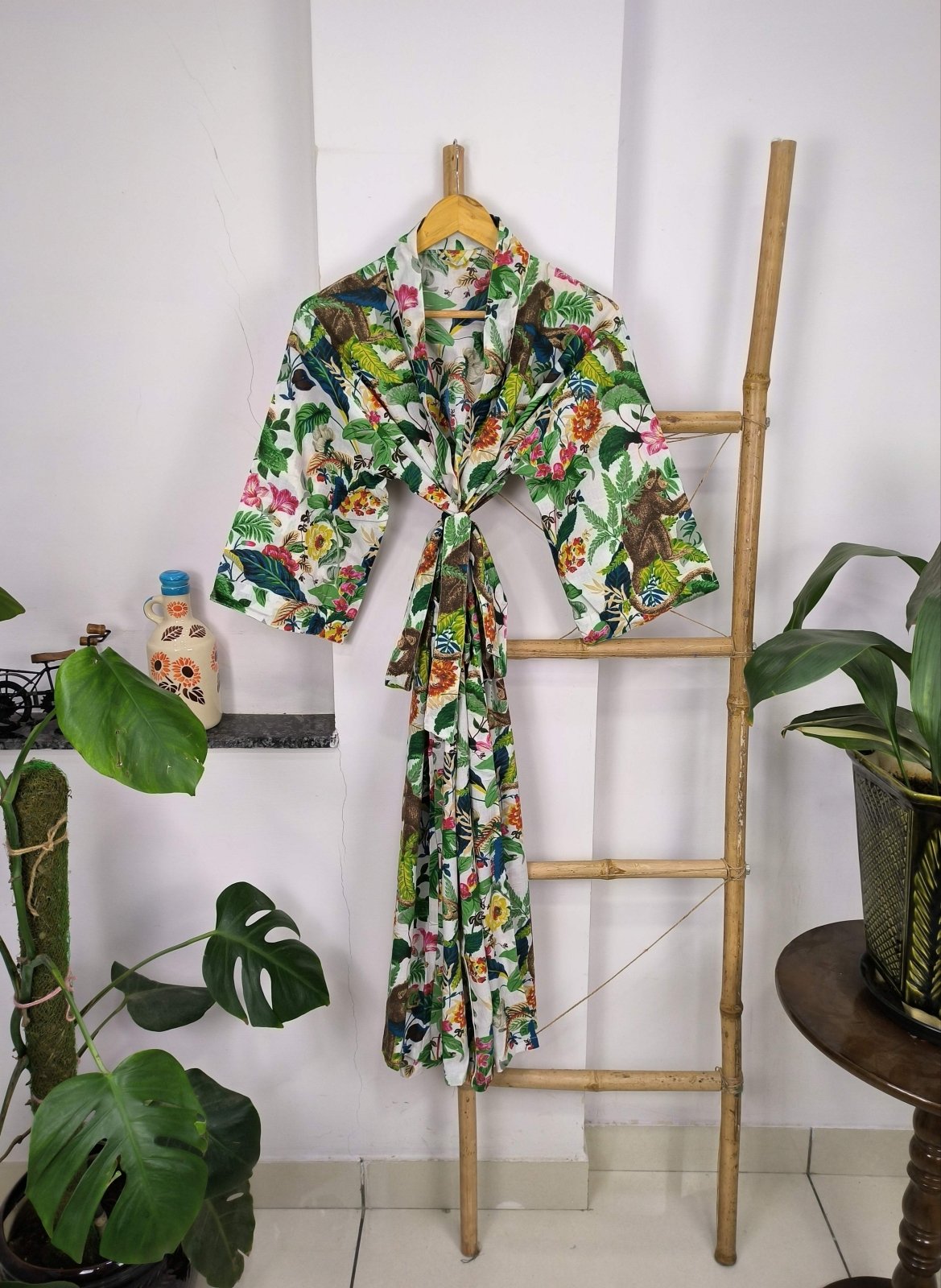 Boho House Robe Indian Handprinted Cotton Kimono Jungle Monkey Print | Perfect for Summer Luxury Beach Holiday Yacht Cover Up Stunning Dress - The Eastern Loom