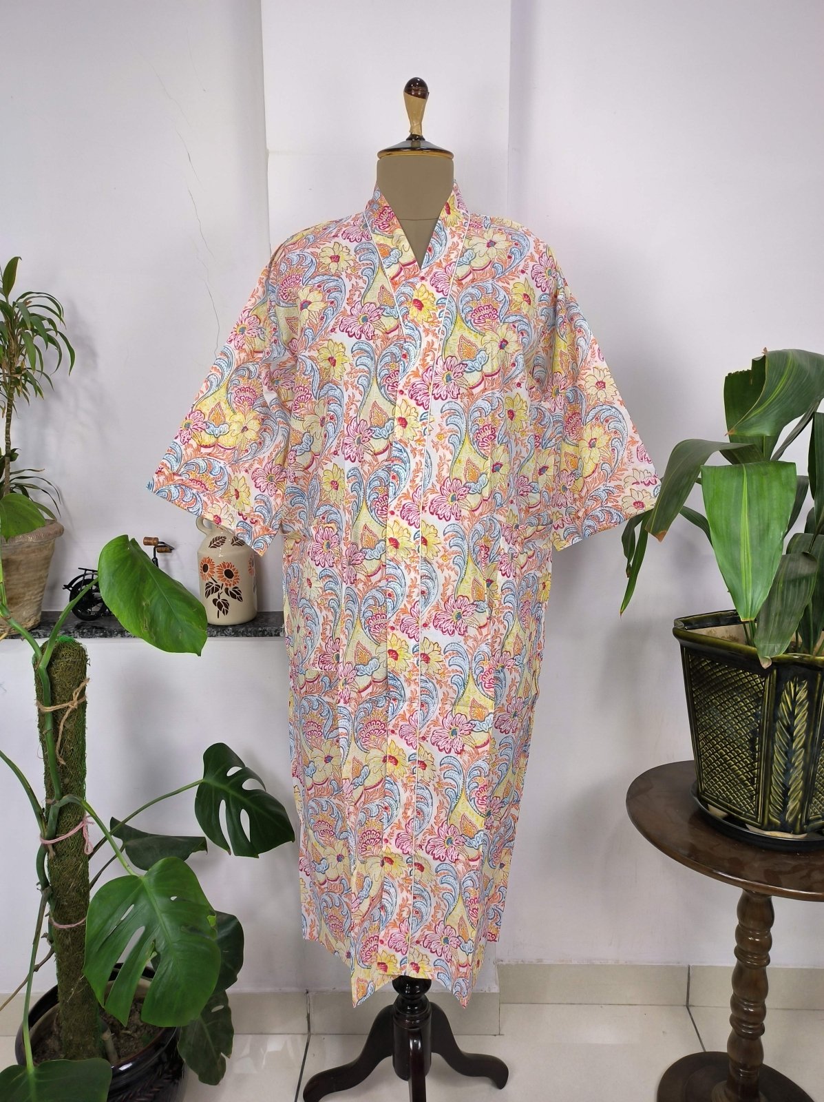 Boho House Robe Indian Handprinted Cotton Kimono Lively Blossoms | Perfect for Summer Luxury Beach Holidays Yacht Cover Up Stunning Dress - The Eastern Loom