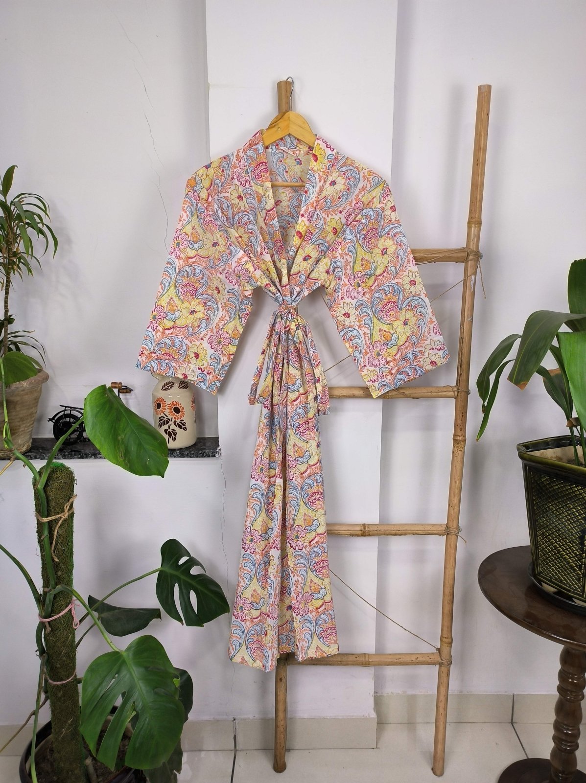 Boho House Robe Indian Handprinted Cotton Kimono Lively Blossoms | Perfect for Summer Luxury Beach Holidays Yacht Cover Up Stunning Dress - The Eastern Loom