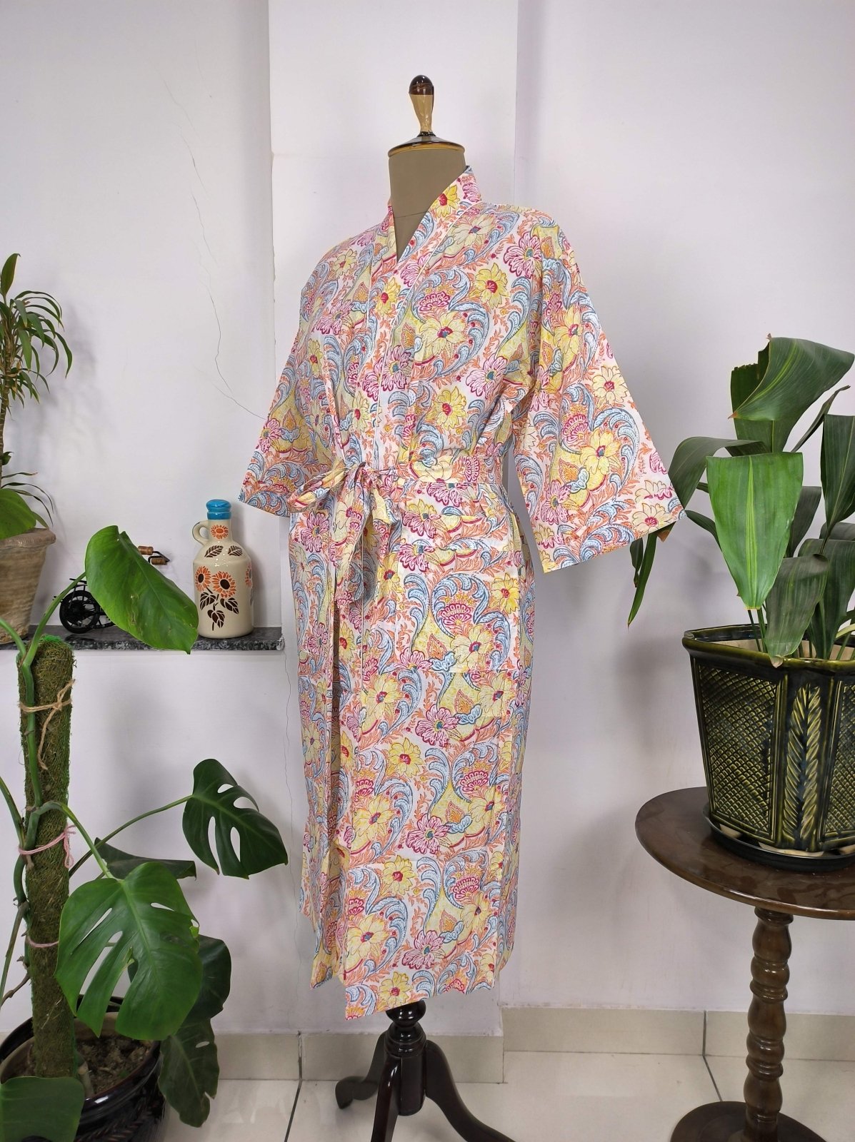 Boho House Robe Indian Handprinted Cotton Kimono Lively Blossoms | Perfect for Summer Luxury Beach Holidays Yacht Cover Up Stunning Dress - The Eastern Loom