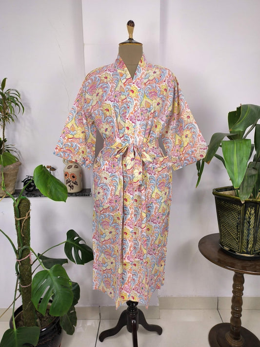 Boho House Robe Indian Handprinted Cotton Kimono Lively Blossoms | Perfect for Summer Luxury Beach Holidays Yacht Cover Up Stunning Dress - The Eastern Loom