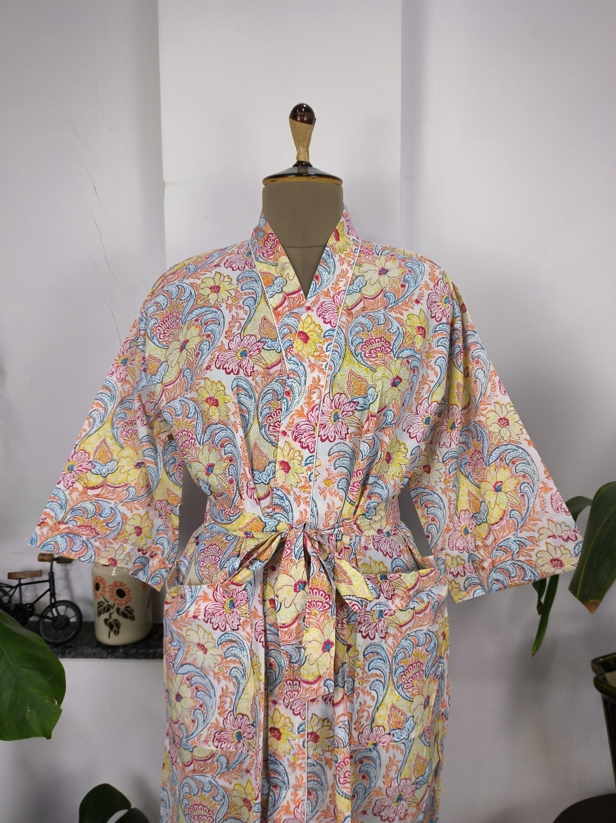 Boho House Robe Indian Handprinted Cotton Kimono Lively Blossoms | Perfect for Summer Luxury Beach Holidays Yacht Cover Up Stunning Dress - The Eastern Loom
