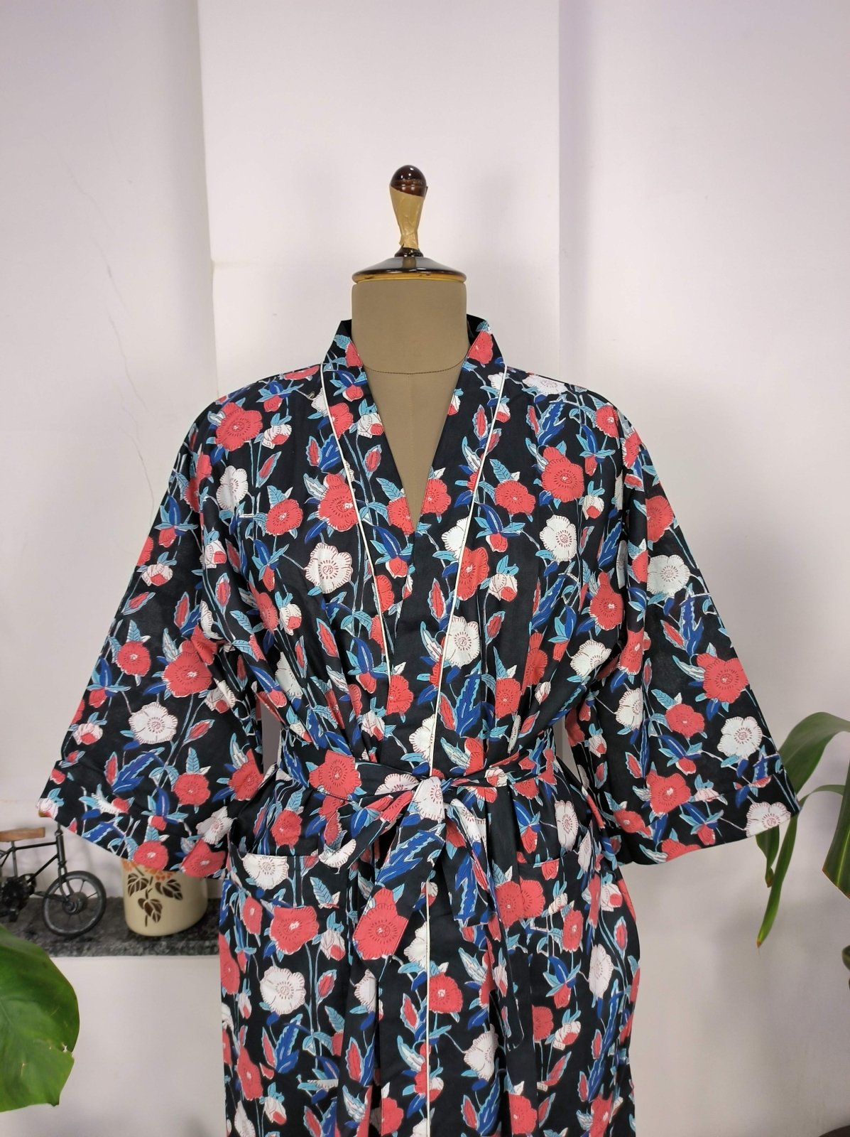 Boho House Robe Indian Handprinted Cotton Kimono Mid-Night Blossom | Perfect for Summer Luxury Beach Holidays Yacht Cover Up Stunning Dress - The Eastern Loom