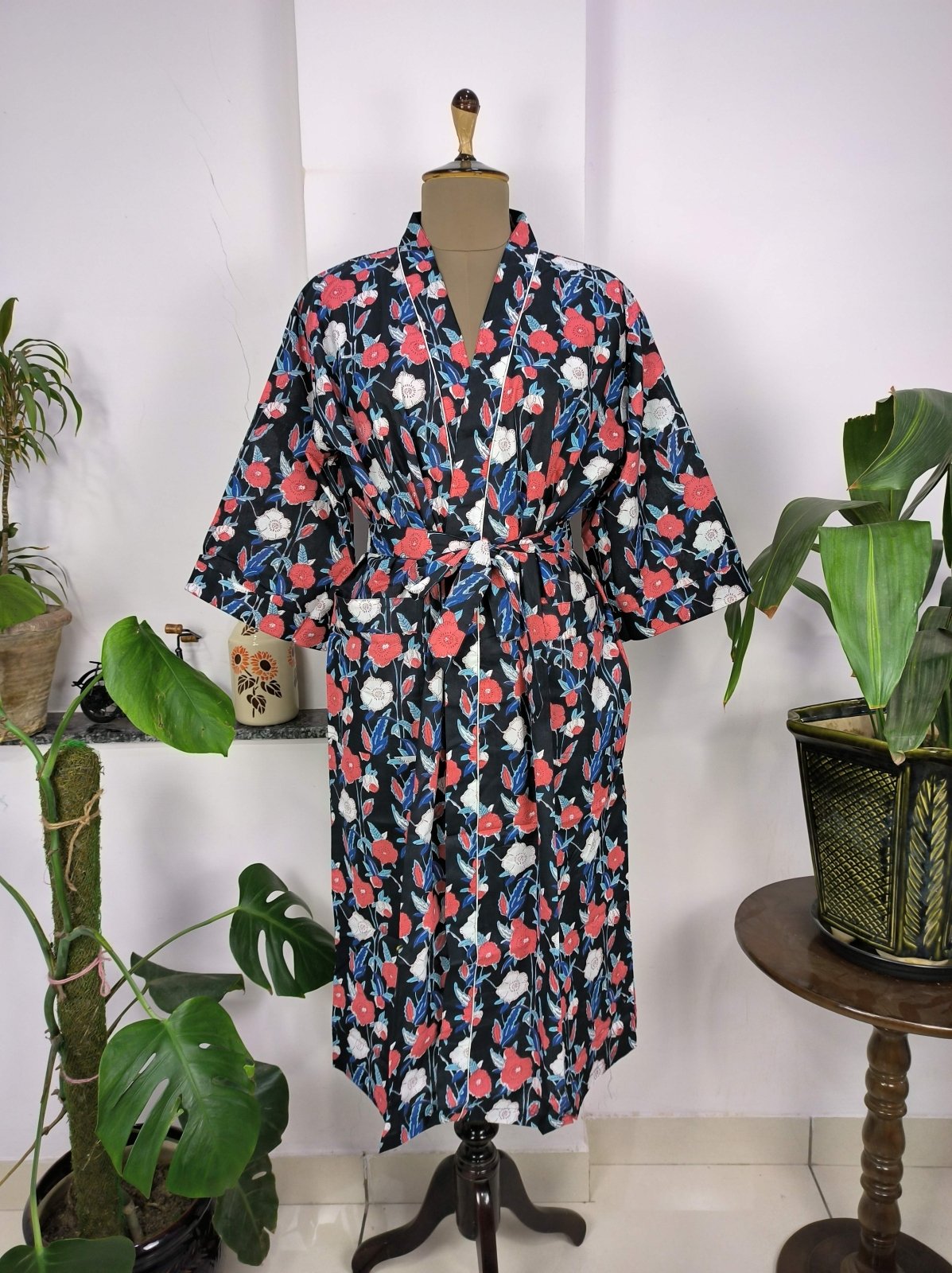 Boho House Robe Indian Handprinted Cotton Kimono Mid-Night Blossom | Perfect for Summer Luxury Beach Holidays Yacht Cover Up Stunning Dress - The Eastern Loom