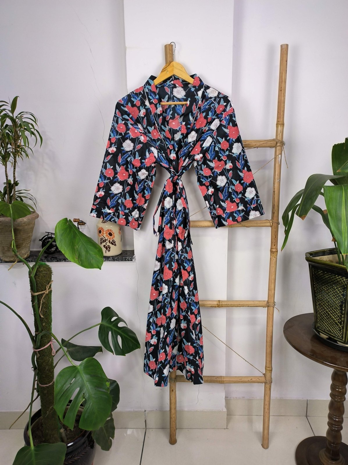 Boho House Robe Indian Handprinted Cotton Kimono Mid-Night Blossom | Perfect for Summer Luxury Beach Holidays Yacht Cover Up Stunning Dress - The Eastern Loom