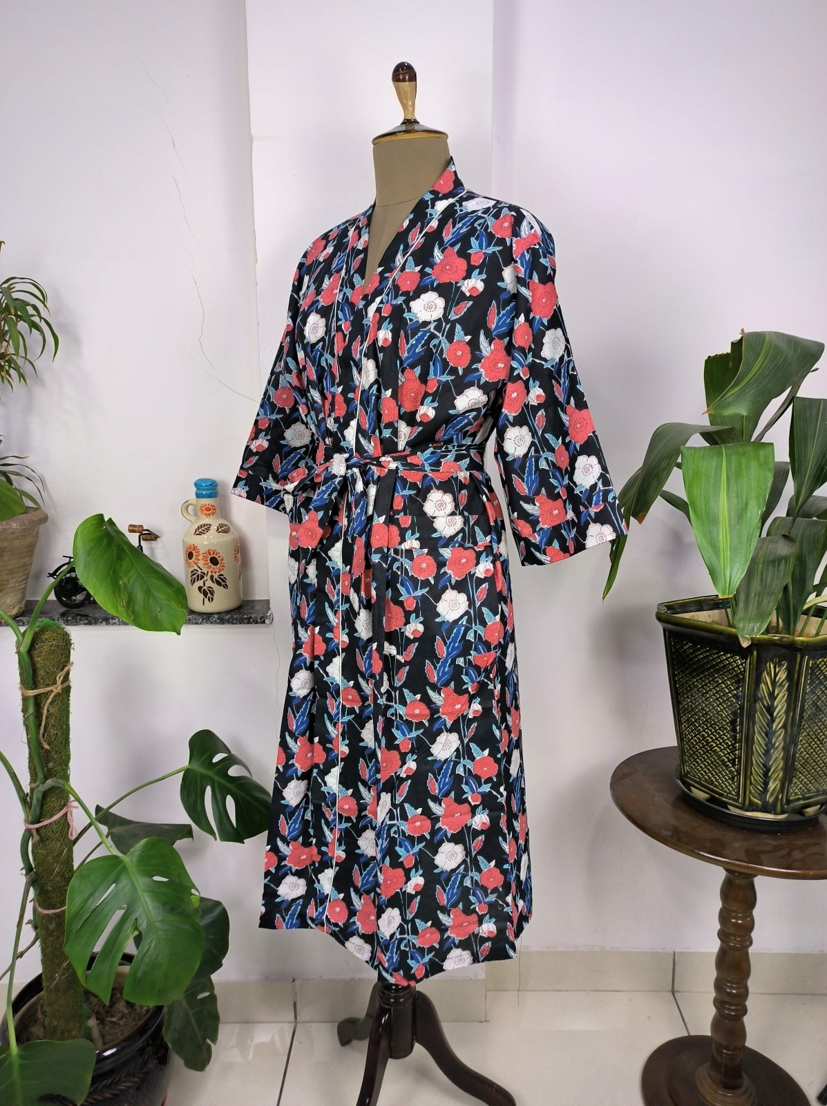 Boho House Robe Indian Handprinted Cotton Kimono Mid-Night Blossom | Perfect for Summer Luxury Beach Holidays Yacht Cover Up Stunning Dress - The Eastern Loom