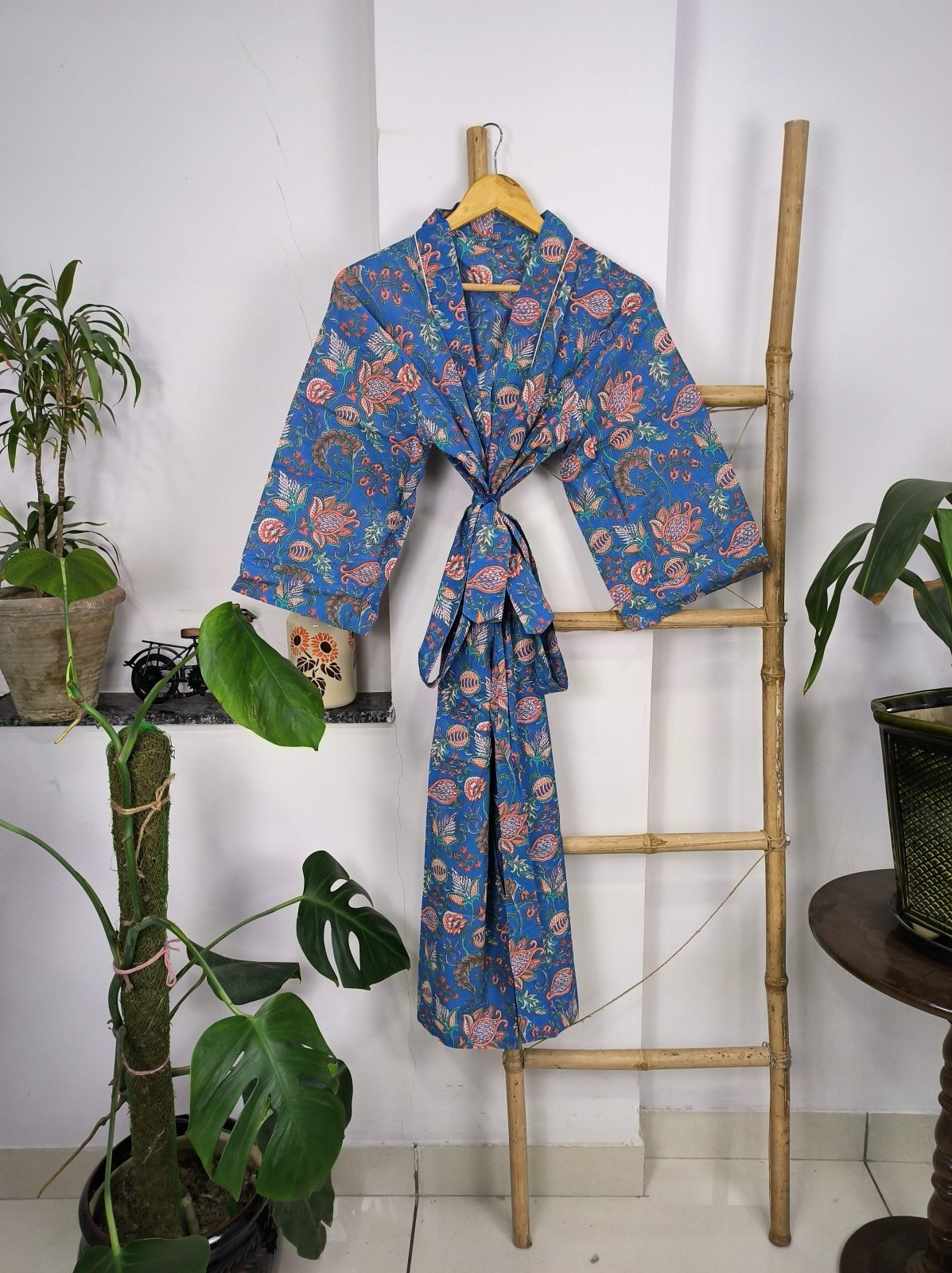 Boho House Robe Indian Handprinted Cotton Kimono Mid Night Blossom | Perfect for Summer Luxury Beach Holidays Yacht Cover Up Stunning Dress - The Eastern Loom