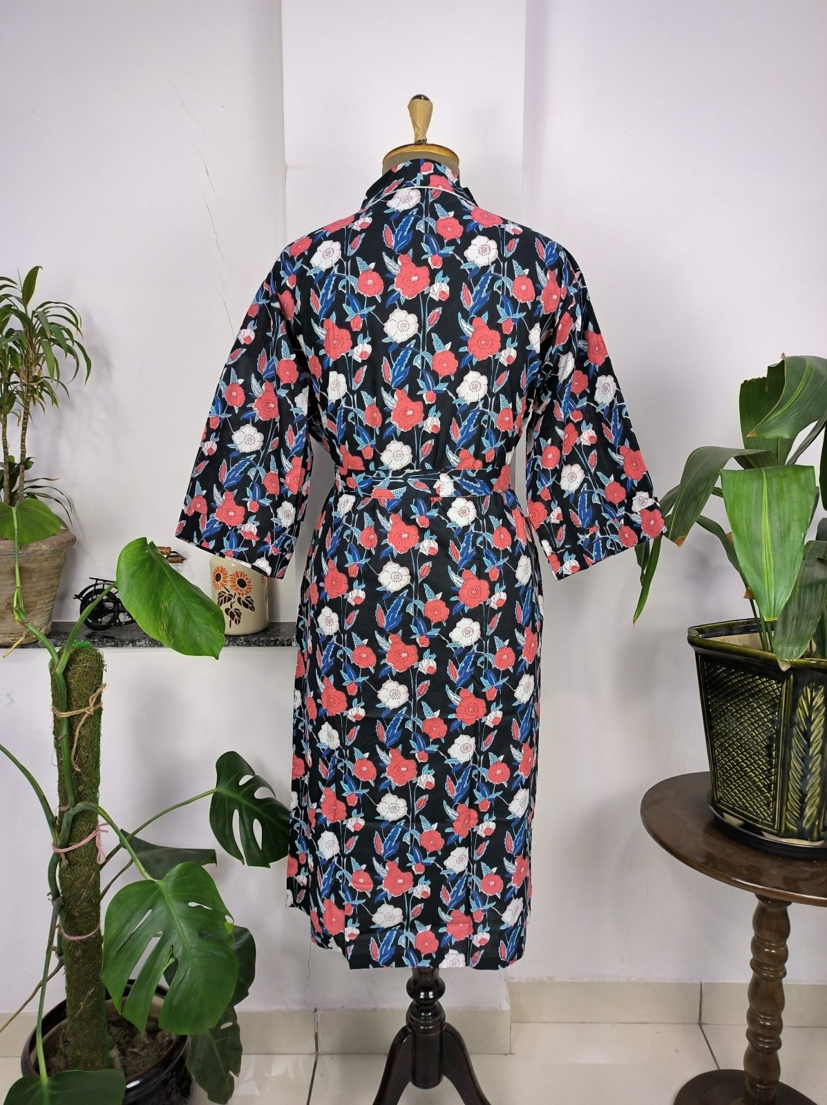 Boho House Robe Indian Handprinted Cotton Kimono Mid-Night Blossom | Perfect for Summer Luxury Beach Holidays Yacht Cover Up Stunning Dress - The Eastern Loom