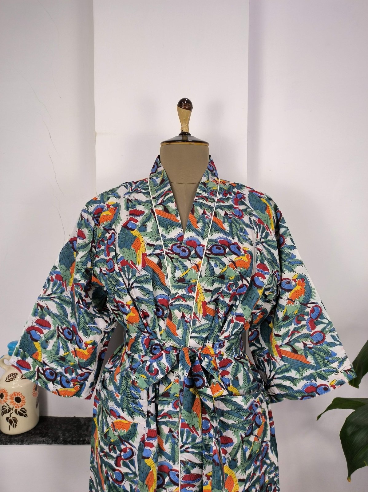 Boho House Robe Indian Handprinted Cotton Kimono Parrot Bird Print | Perfect for Summer Luxury Beach Holidays Yacht Cover Up Stunning Dress - The Eastern Loom