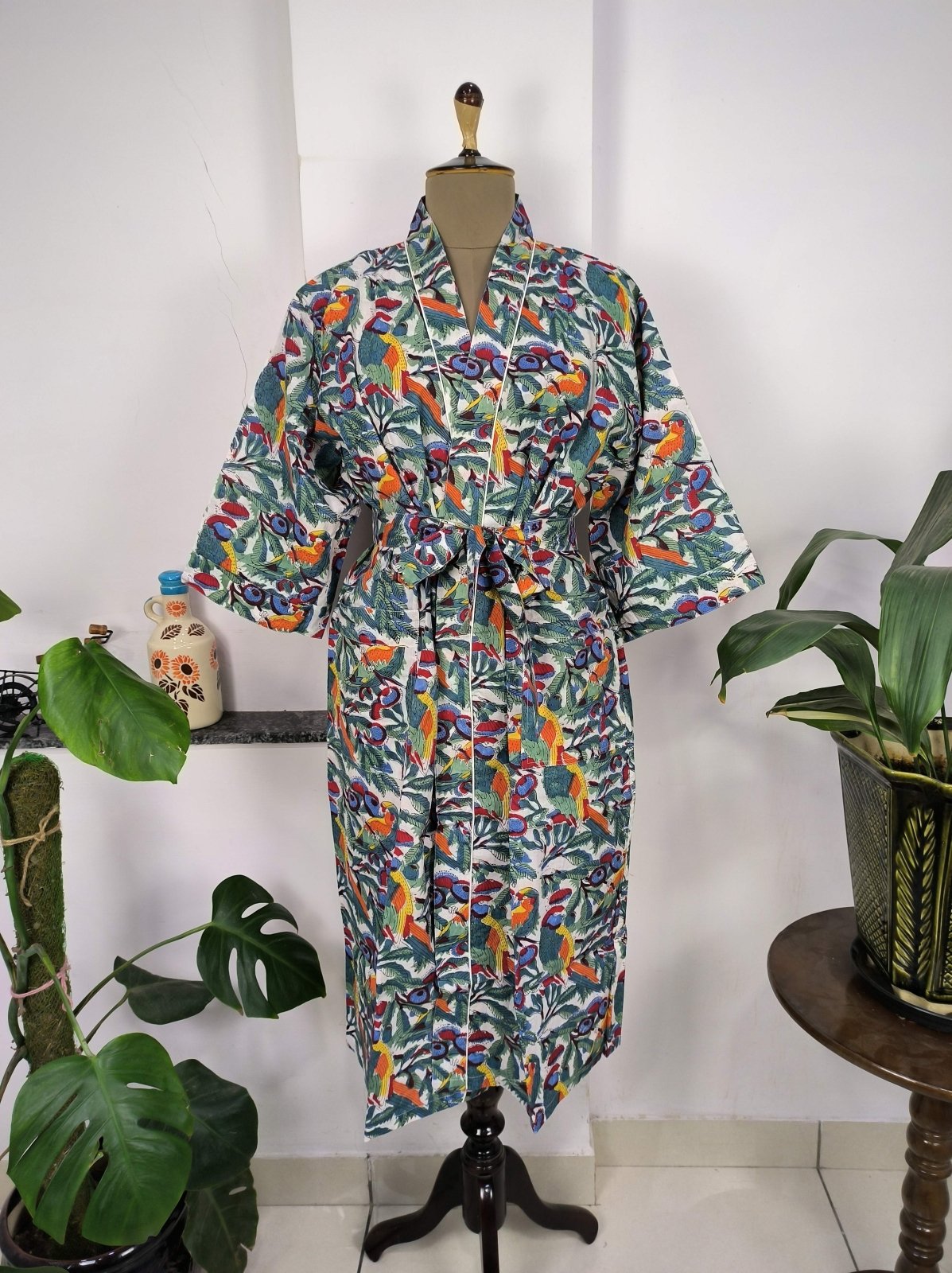 Boho House Robe Indian Handprinted Cotton Kimono Parrot Bird Print | Perfect for Summer Luxury Beach Holidays Yacht Cover Up Stunning Dress - The Eastern Loom