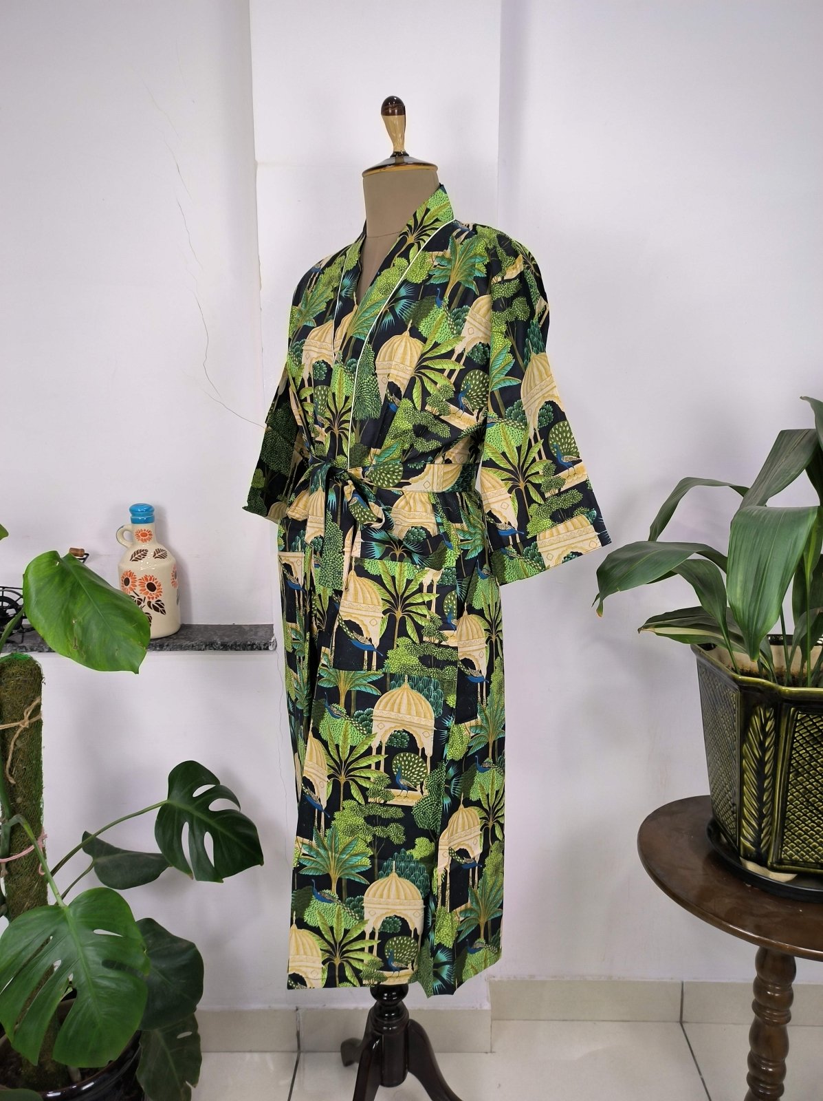 Boho House Robe Indian Handprinted Cotton Kimono Peacock Bird Print | Perfect for Summer Luxury Beach Holidays Yacht Cover Up Stunning Dress - The Eastern Loom