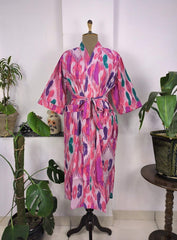 Boho House Robe Indian Handprinted Cotton Kimono Pink Ikat Print | Perfect for Summer Luxury Beach Holidays Yacht Cover Up Stunning Dress - The Eastern Loom