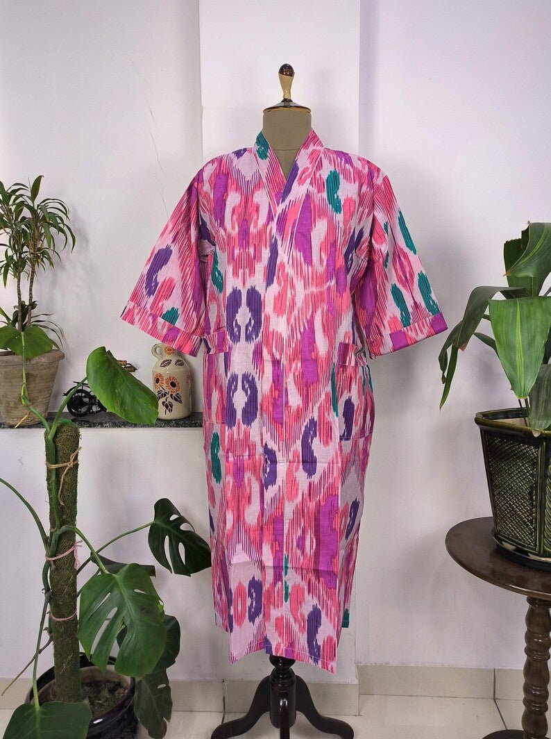 Boho House Robe Indian Handprinted Cotton Kimono Pink Ikat Print | Perfect for Summer Luxury Beach Holidays Yacht Cover Up Stunning Dress - The Eastern Loom