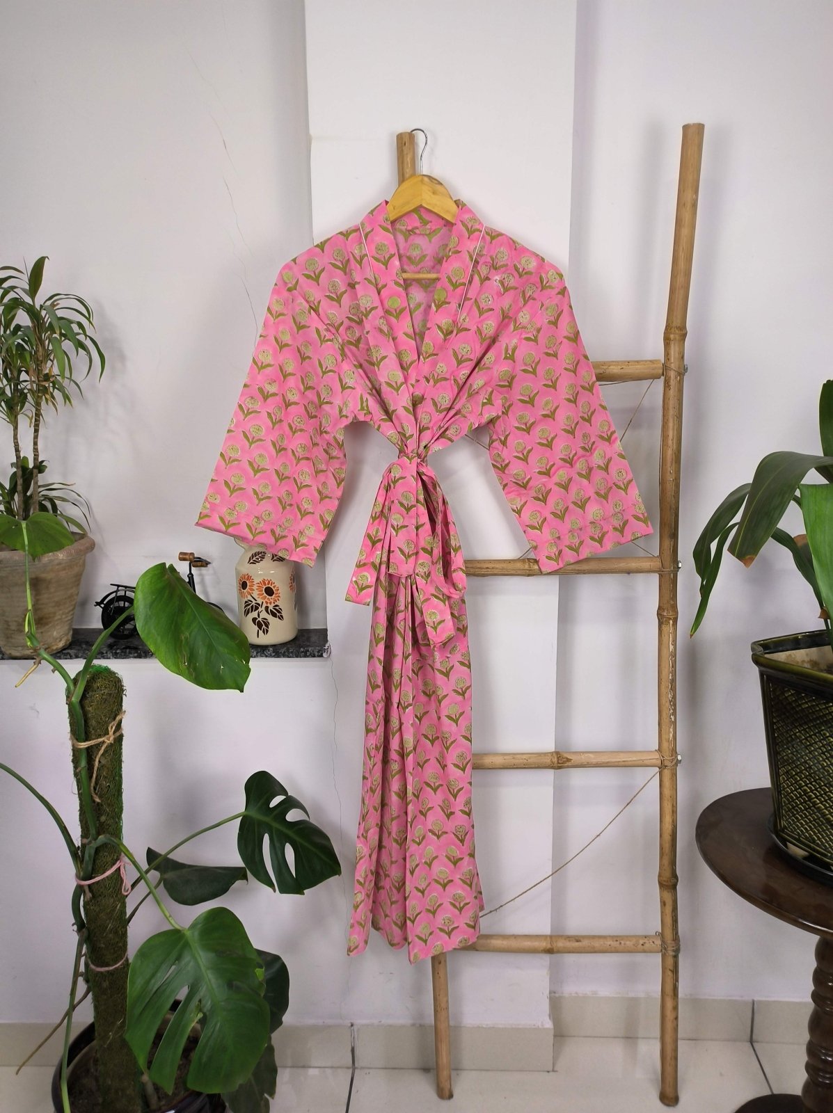 Boho House Robe Indian Handprinted Cotton Kimono Pink Yellow Floral | Perfect for Summer Luxury Beach Holidays Yacht Cover Up Stunning Dress - The Eastern Loom