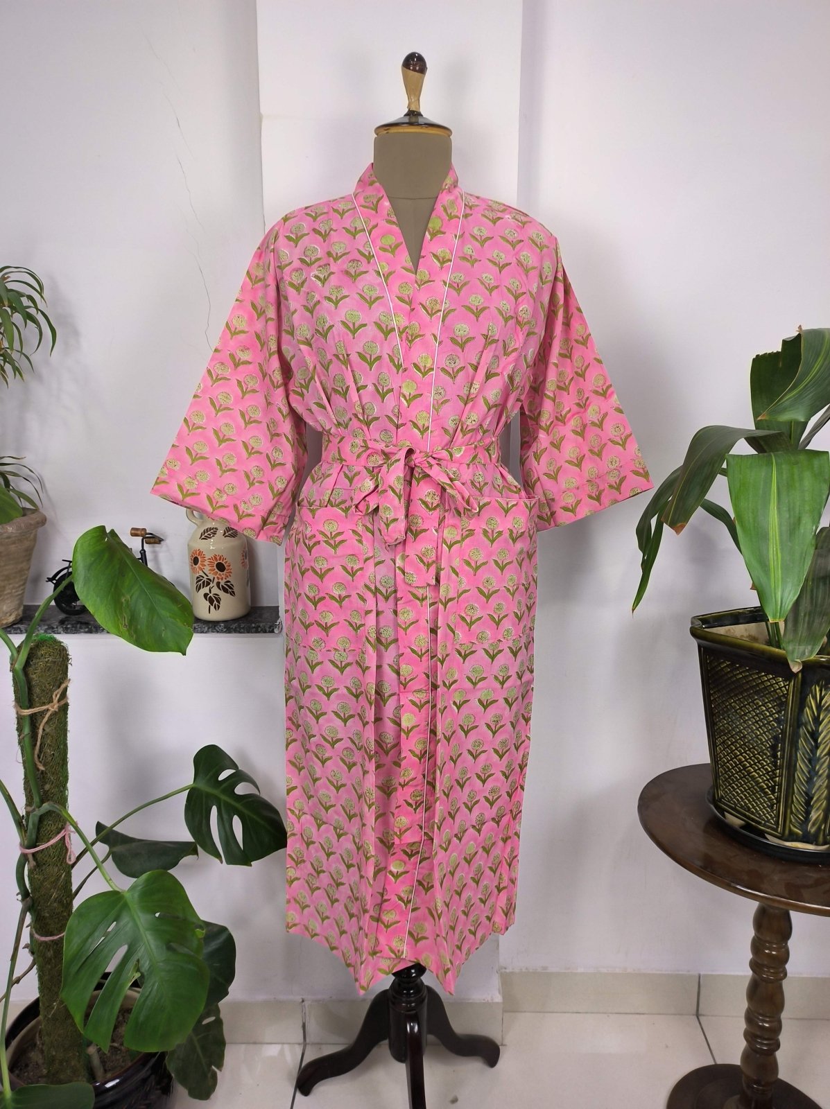 Boho House Robe Indian Handprinted Cotton Kimono Pink Yellow Floral | Perfect for Summer Luxury Beach Holidays Yacht Cover Up Stunning Dress - The Eastern Loom