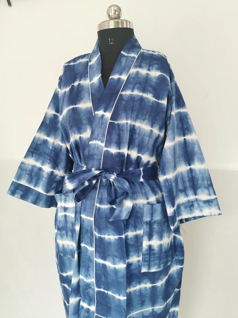 Boho House Robe Summer Kimono Pure Cotton Indian Hand Tie Dye For Her | Anniversary Gift Beach Coverup/Comfy Maternity Mom | Blue Indigo - The Eastern Loom