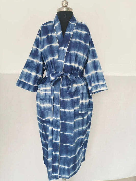 Boho House Robe Summer Kimono Pure Cotton Indian Hand Tie Dye For Her | Anniversary Gift Beach Coverup/Comfy Maternity Mom | Blue Indigo - The Eastern Loom