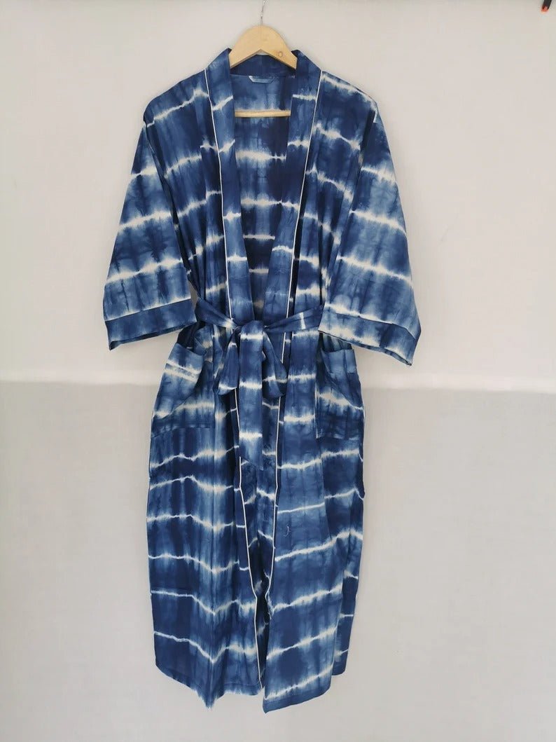 Boho House Robe Summer Kimono Pure Cotton Indian Hand Tie Dye For Her | Anniversary Gift Beach Coverup/Comfy Maternity Mom | Blue Indigo - The Eastern Loom