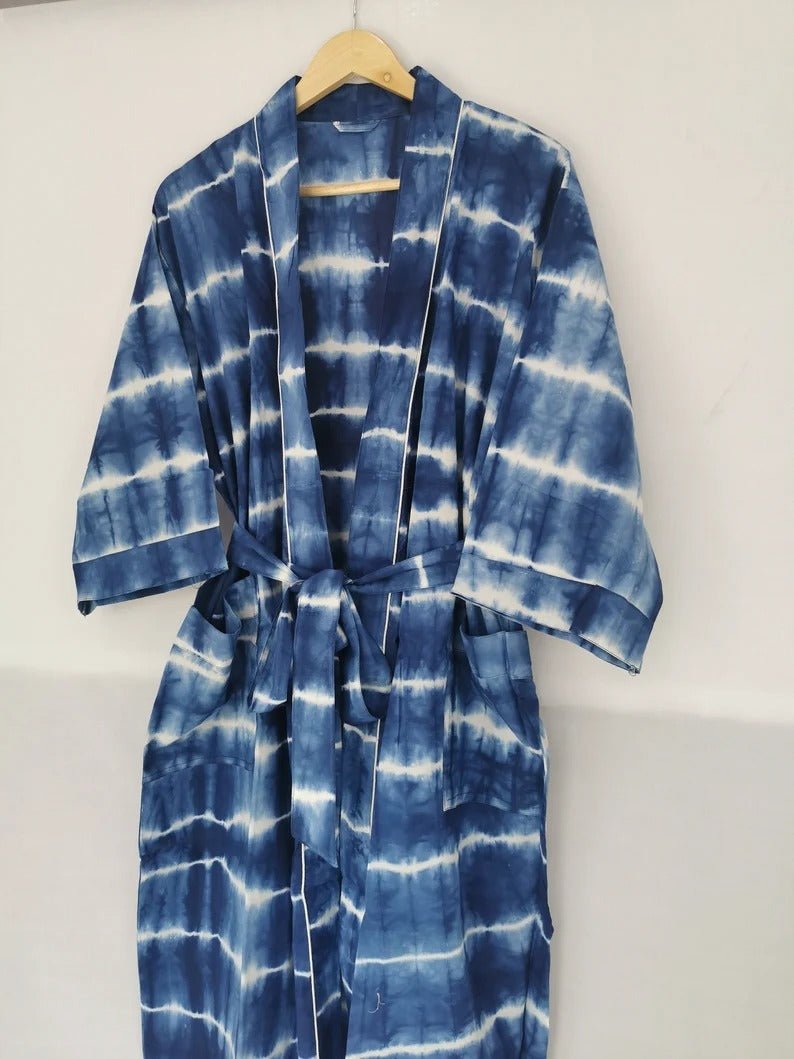 Boho House Robe Summer Kimono Pure Cotton Indian Hand Tie Dye For Her | Anniversary Gift Beach Coverup/Comfy Maternity Mom | Blue Indigo - The Eastern Loom