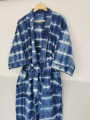 Boho House Robe Summer Kimono Pure Cotton Indian Hand Tie Dye For Her | Anniversary Gift Beach Coverup/Comfy Maternity Mom | Blue Indigo - The Eastern Loom
