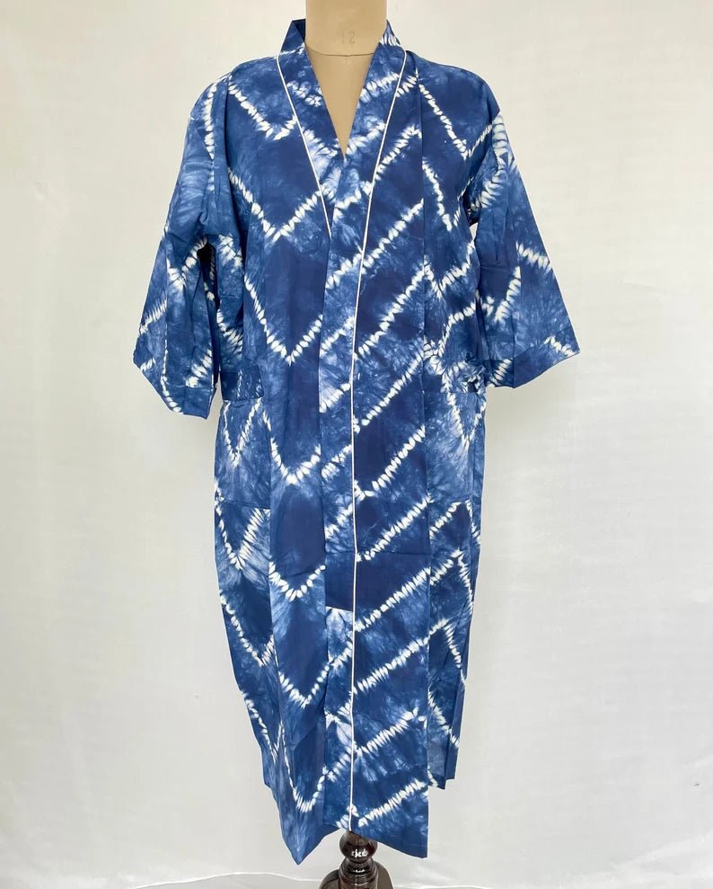 Boho House Robe Summer Kimono Pure Cotton Indian Hand Tie Dye Her | Anniversary Gift Beach Coverup/Comfy Maternity Mom | Spring Zebra Indigo - The Eastern Loom