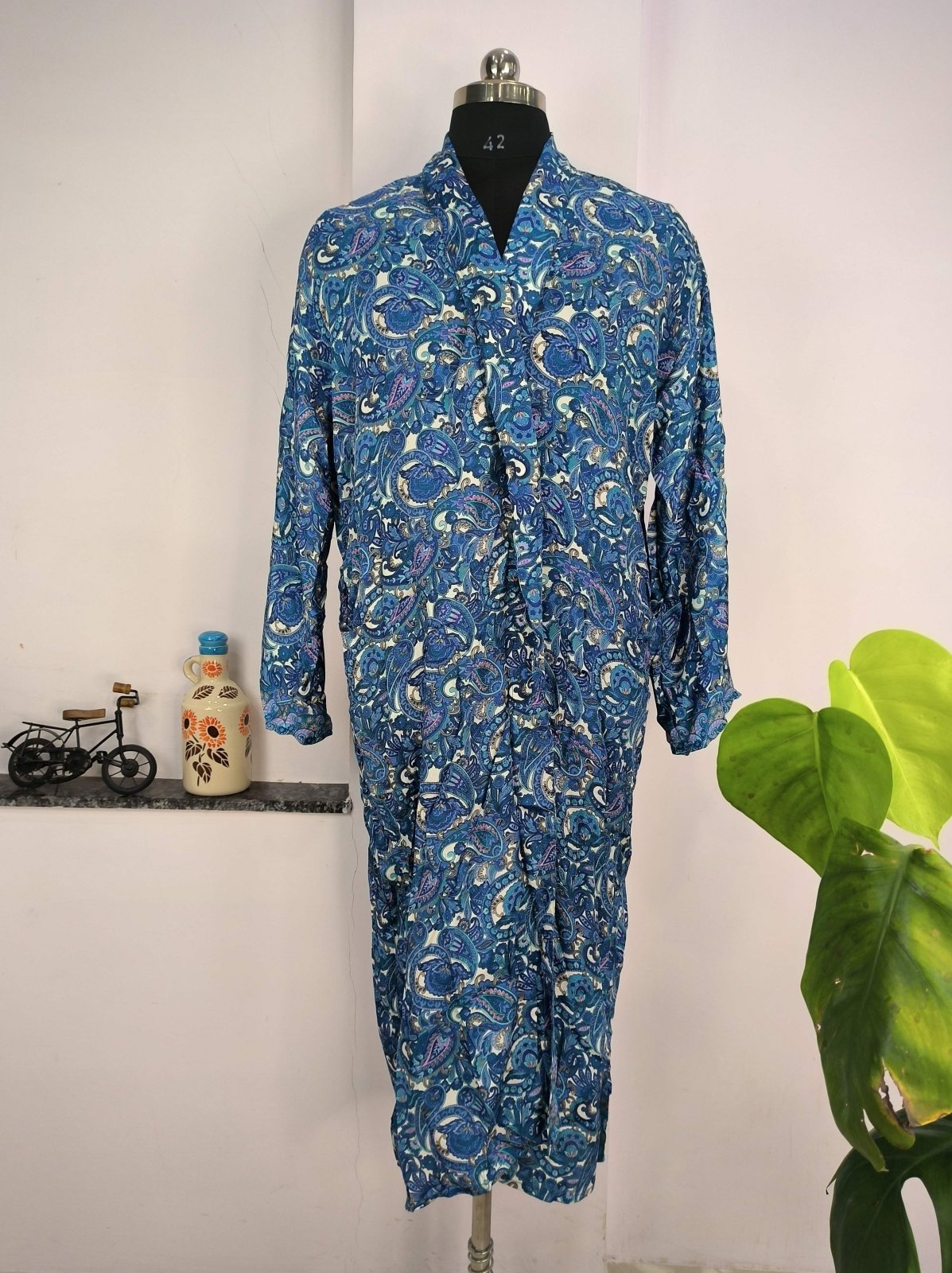 Boho Men's Soft Silk Kimono, Man Regal House Beach Robe, Persian King Paisley Elegant Blue Yellow Hues - The Eastern Loom