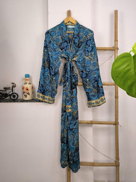 Boho Men's Soft Silk Kimono, Man Regal House Beach Robe, Persian King Paisley Elegant Blue Yellow Hues - The Eastern Loom