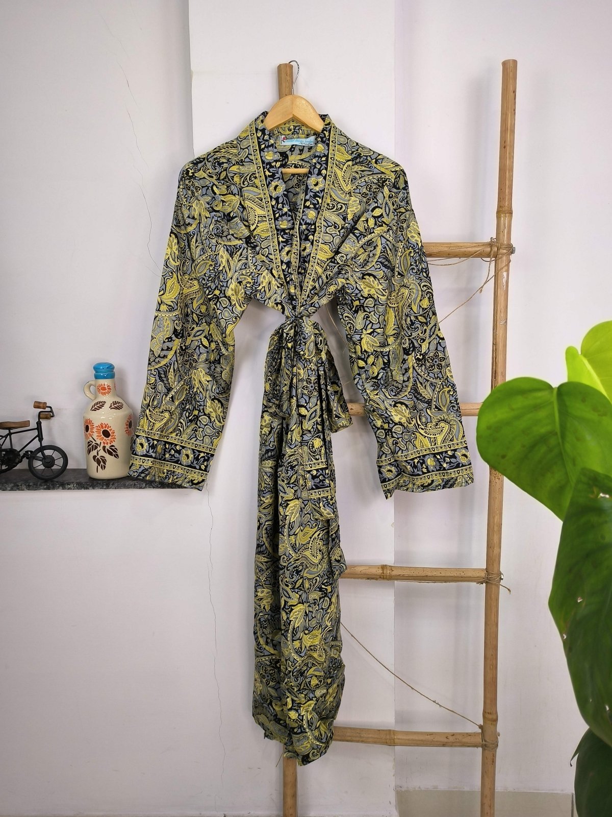 Boho Men's Soft Silk Kimono, Man Regal House Beach Robe, Persian King Paisley Elegant Blue Yellow Hues - The Eastern Loom