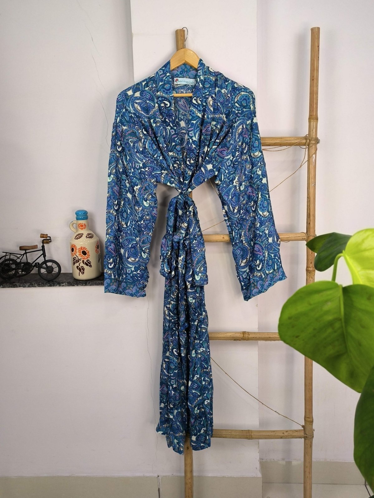 Boho Men's Soft Silk Kimono, Man Regal House Beach Robe, Persian King Paisley Elegant Blue Yellow Hues - The Eastern Loom