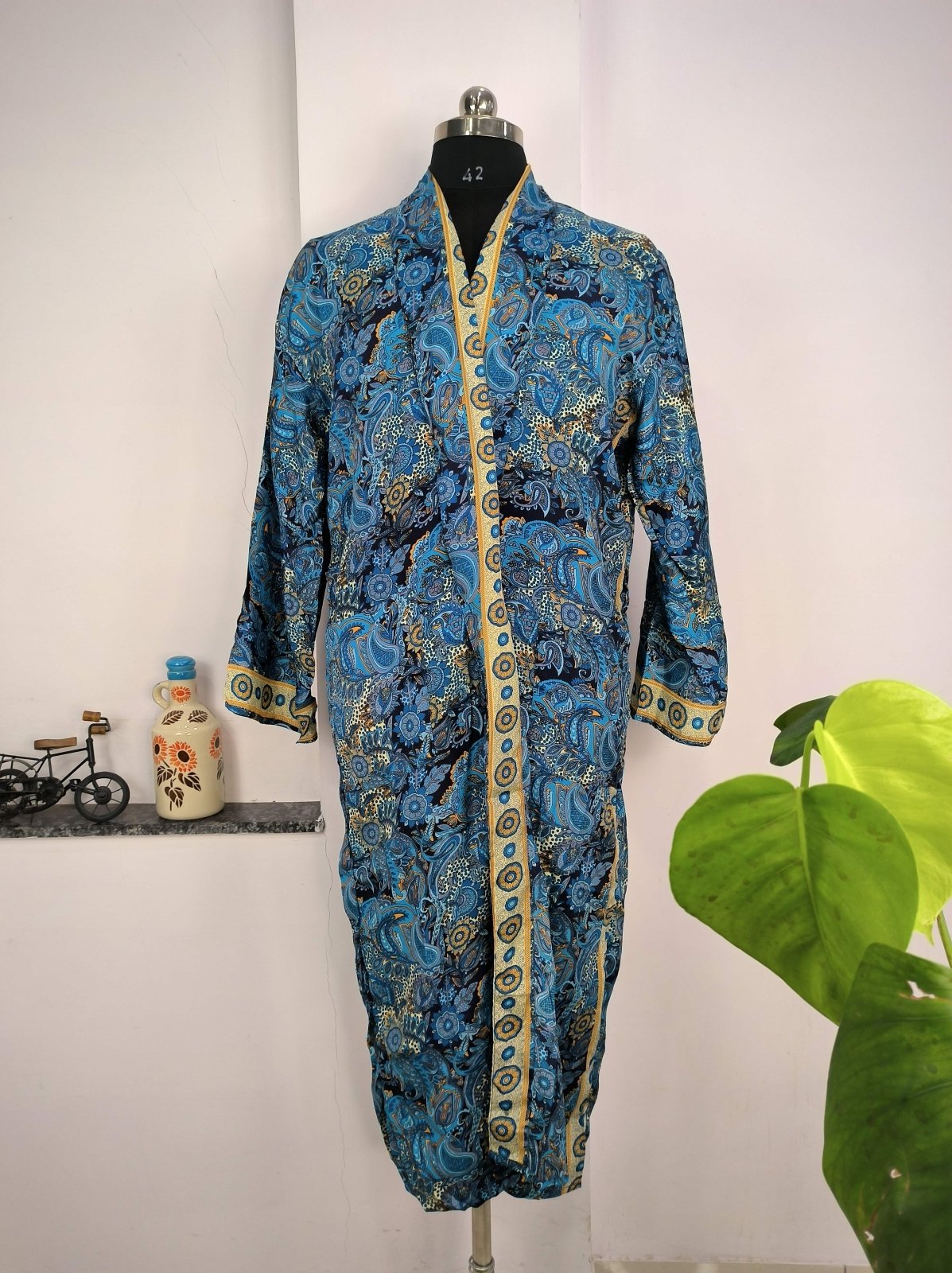 Boho Men's Soft Silk Kimono, Man Regal House Beach Robe, Persian King Paisley Elegant Blue Yellow Hues - The Eastern Loom