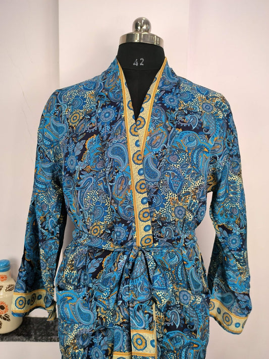 Boho Men's Soft Silk Kimono, Man Regal House Beach Robe, Persian King Paisley Elegant Blue Yellow Hues - The Eastern Loom