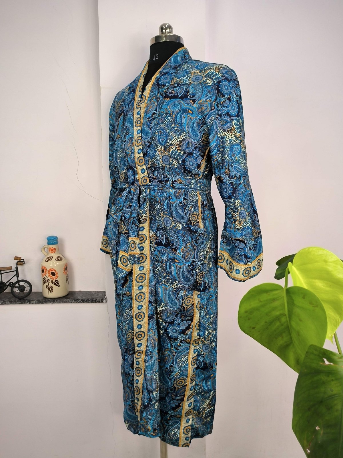 Boho Men's Soft Silk Kimono, Man Regal House Beach Robe, Persian King Paisley Elegant Blue Yellow Hues - The Eastern Loom