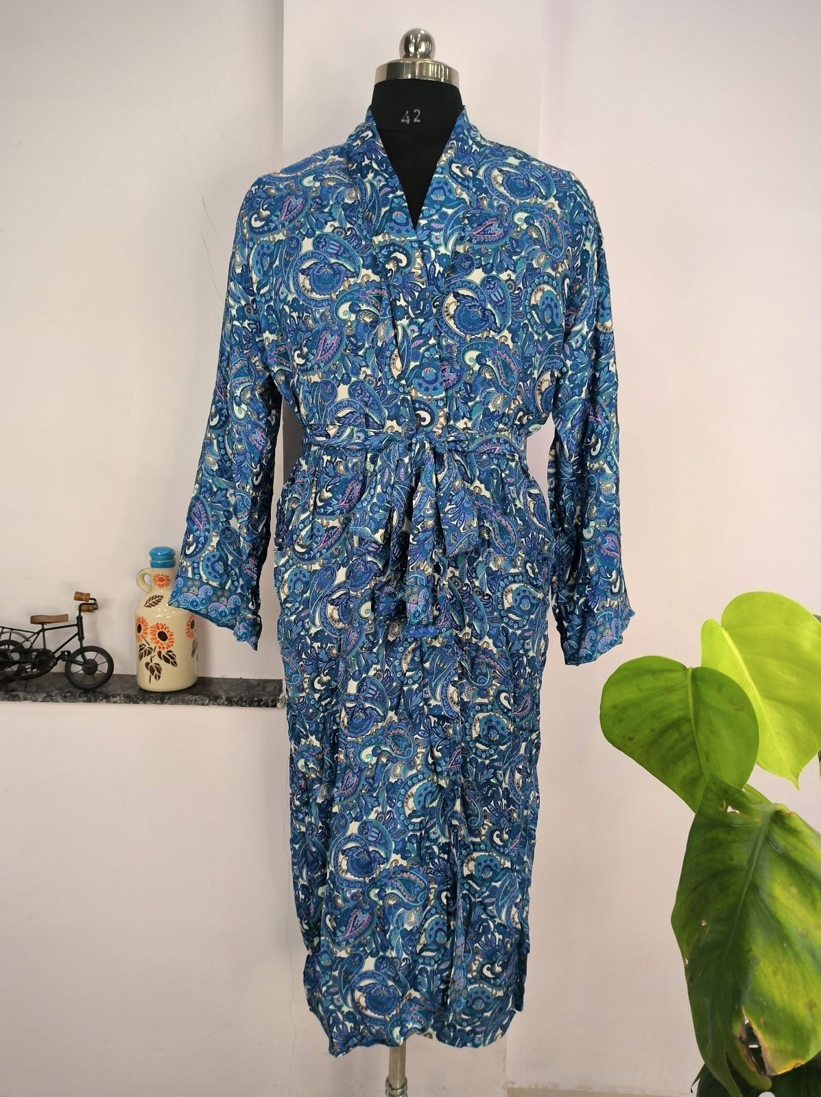 Boho Men's Soft Silk Kimono, Man Regal House Beach Robe, Persian King Paisley Elegant Blue Yellow Hues - The Eastern Loom