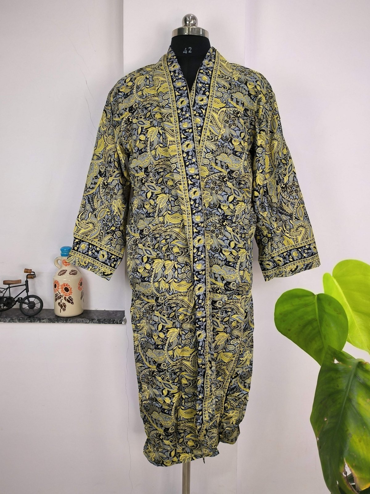 Boho Men's Soft Silk Kimono, Man Regal House Beach Robe, Persian King Paisley Elegant Blue Yellow Hues - The Eastern Loom