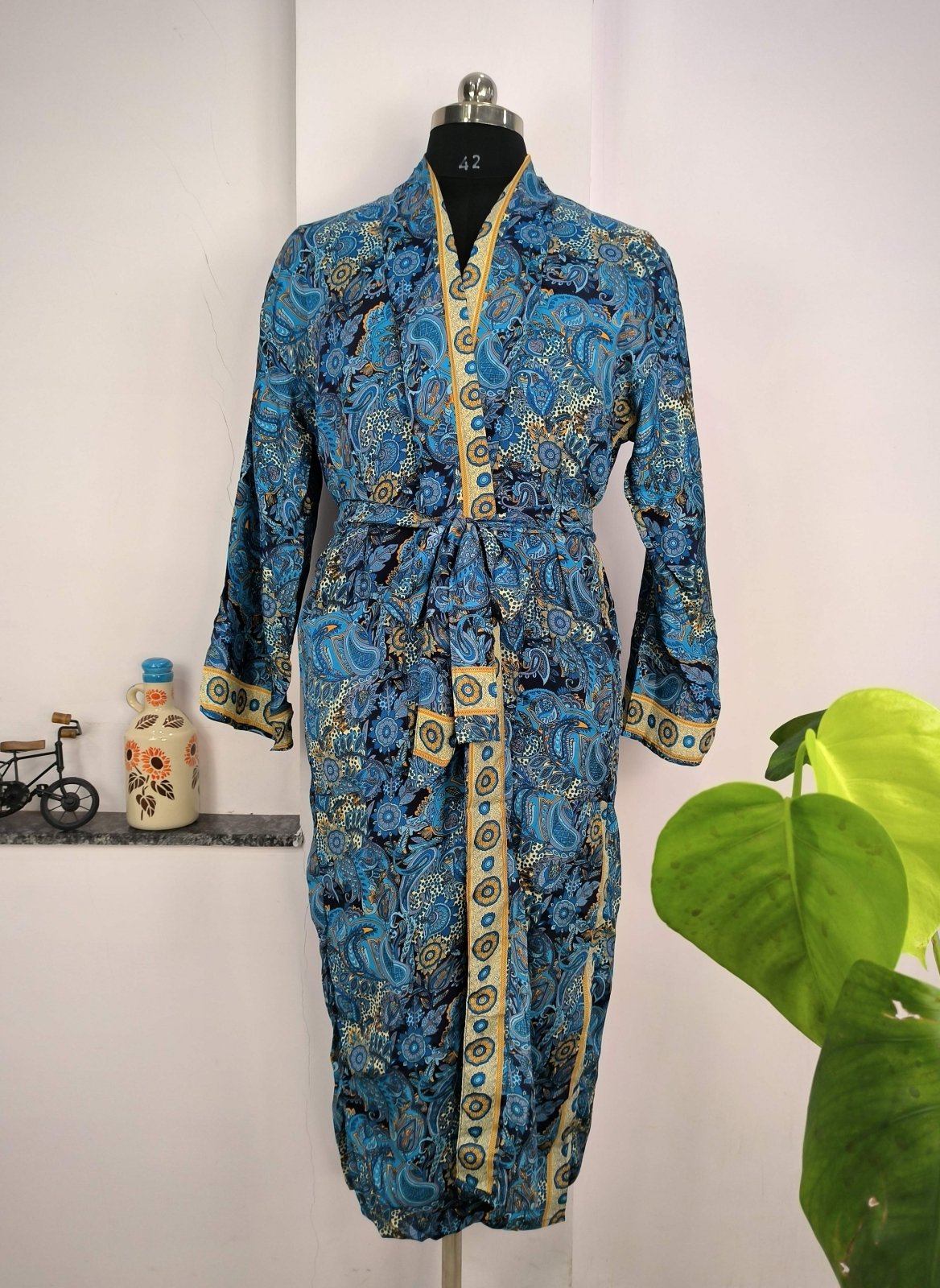 Boho Men's Soft Silk Kimono, Man Regal House Beach Robe, Persian King Paisley Elegant Blue Yellow Hues - The Eastern Loom