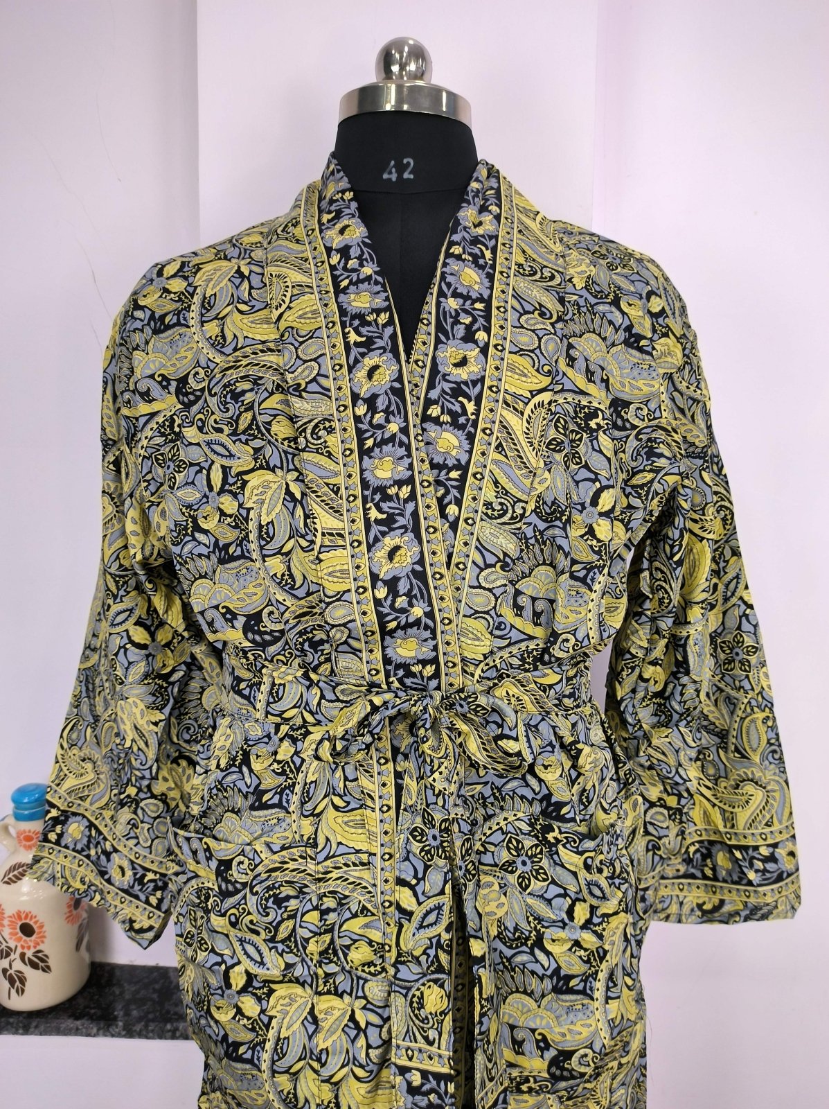 Boho Men's Soft Silk Kimono, Man Regal House Beach Robe, Persian King Paisley Elegant Blue Yellow Hues - The Eastern Loom