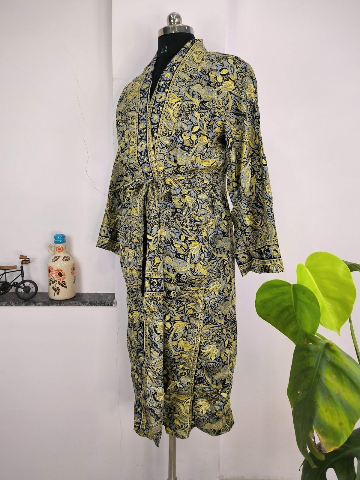 Boho Men's Soft Silk Kimono, Man Regal House Beach Robe, Persian King Paisley Elegant Blue Yellow Hues - The Eastern Loom