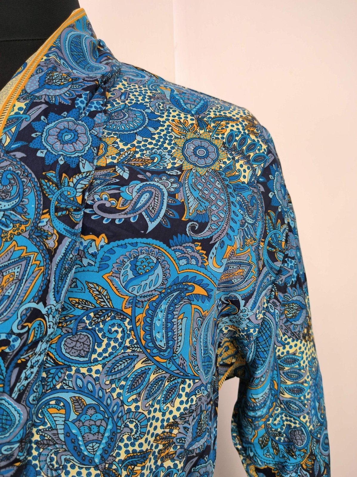 Boho Men's Soft Silk Kimono, Man Regal House Beach Robe, Persian King Paisley Elegant Blue Yellow Hues - The Eastern Loom