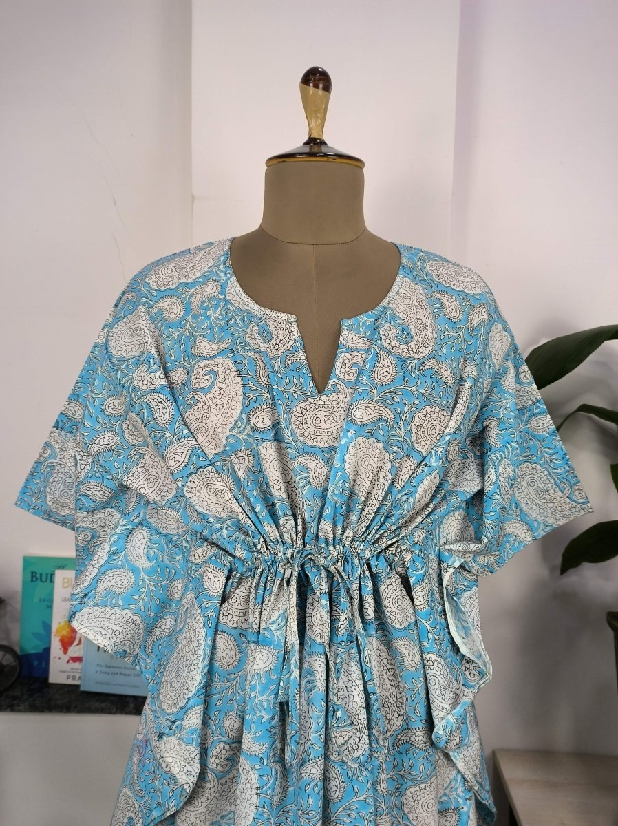 Boho Style Kaftan Dress | Indian Handprinted Aqua Blue White Paisley | Breathable Lightweight Cotton Fabric, Comfortable Chic Summer Look - The Eastern Loom