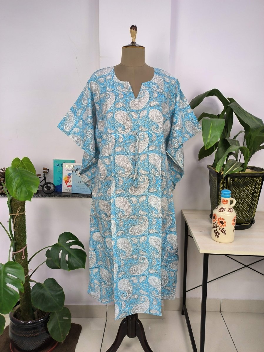 Boho Style Kaftan Dress | Indian Handprinted Aqua Blue White Paisley | Breathable Lightweight Cotton Fabric, Comfortable Chic Summer Look - The Eastern Loom