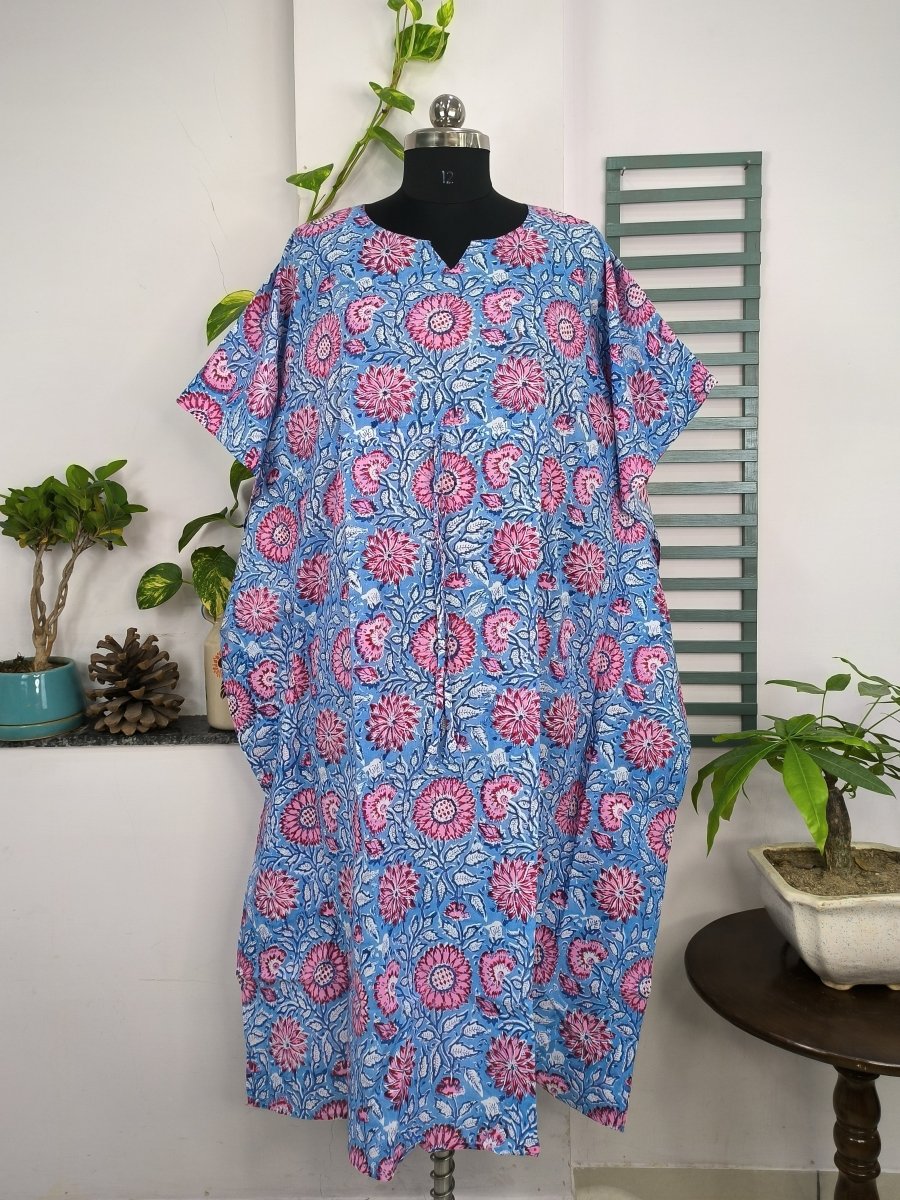 Boho Style Kaftan Dress | Indian Handprinted Blue Pink Sunflower Gardenia| Breathable Lightweight Cotton Fabric Comfortable Chic Summer Look - The Eastern Loom