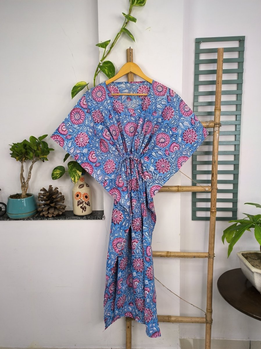 Boho Style Kaftan Dress | Indian Handprinted Blue Pink Sunflower Gardenia| Breathable Lightweight Cotton Fabric Comfortable Chic Summer Look - The Eastern Loom