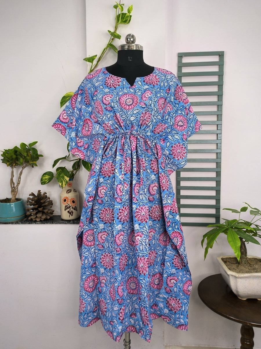 Boho Style Kaftan Dress | Indian Handprinted Blue Pink Sunflower Gardenia| Breathable Lightweight Cotton Fabric Comfortable Chic Summer Look - The Eastern Loom