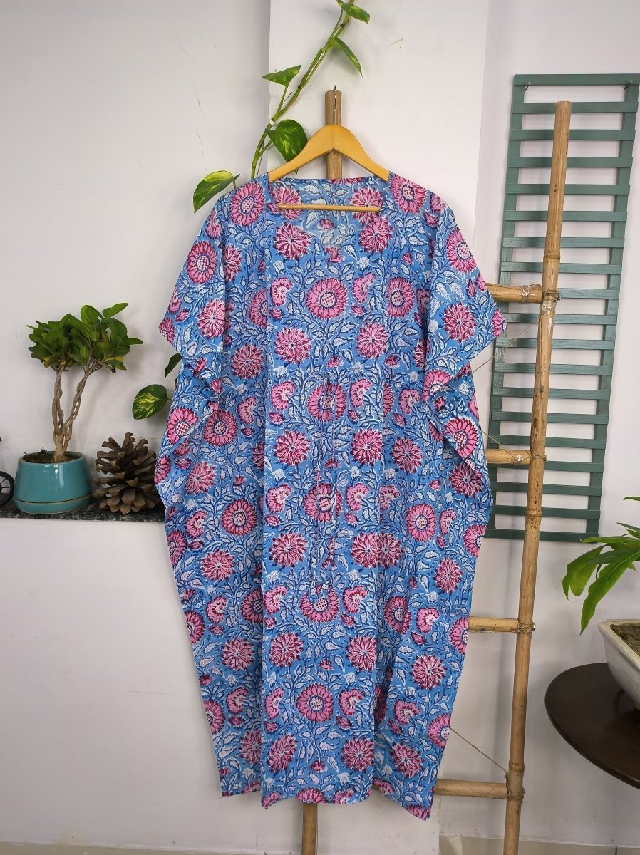 Boho Style Kaftan Dress | Indian Handprinted Blue Pink Sunflower Gardenia| Breathable Lightweight Cotton Fabric Comfortable Chic Summer Look - The Eastern Loom