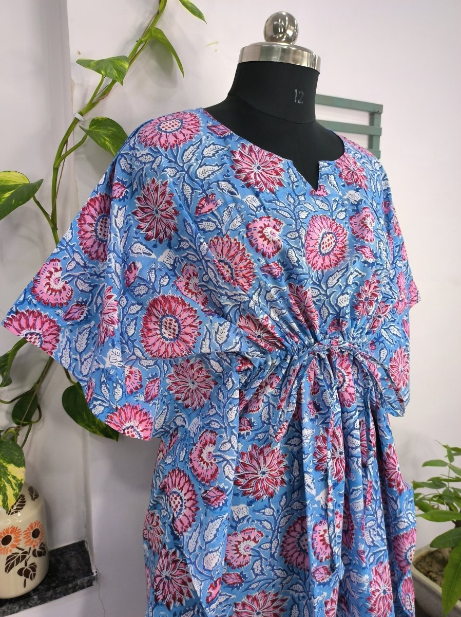 Boho Style Kaftan Dress | Indian Handprinted Blue Pink Sunflower Gardenia| Breathable Lightweight Cotton Fabric Comfortable Chic Summer Look - The Eastern Loom