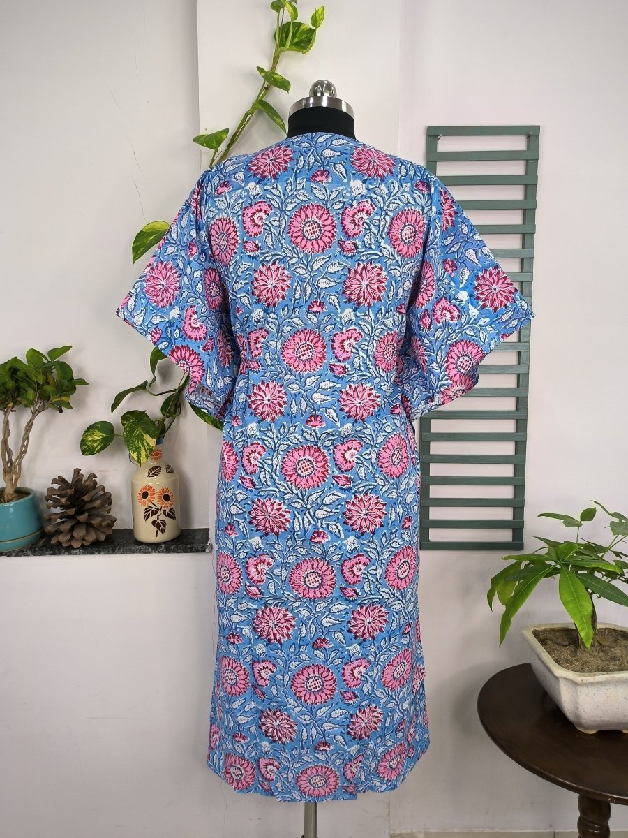 Boho Style Kaftan Dress | Indian Handprinted Blue Pink Sunflower Gardenia| Breathable Lightweight Cotton Fabric Comfortable Chic Summer Look - The Eastern Loom