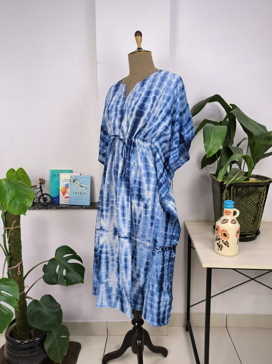 Boho Style Kaftan Dress | Indian Handprinted Blue White Indigo Tie Dye | Breathable Lightweight Cotton Fabric, Comfortable Chic Summer Look - The Eastern Loom