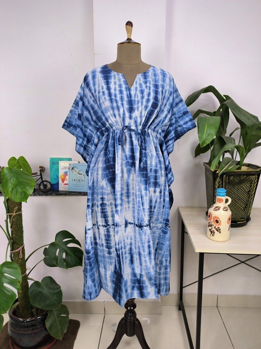 Boho Style Kaftan Dress | Indian Handprinted Blue White Indigo Tie Dye | Breathable Lightweight Cotton Fabric, Comfortable Chic Summer Look - The Eastern Loom