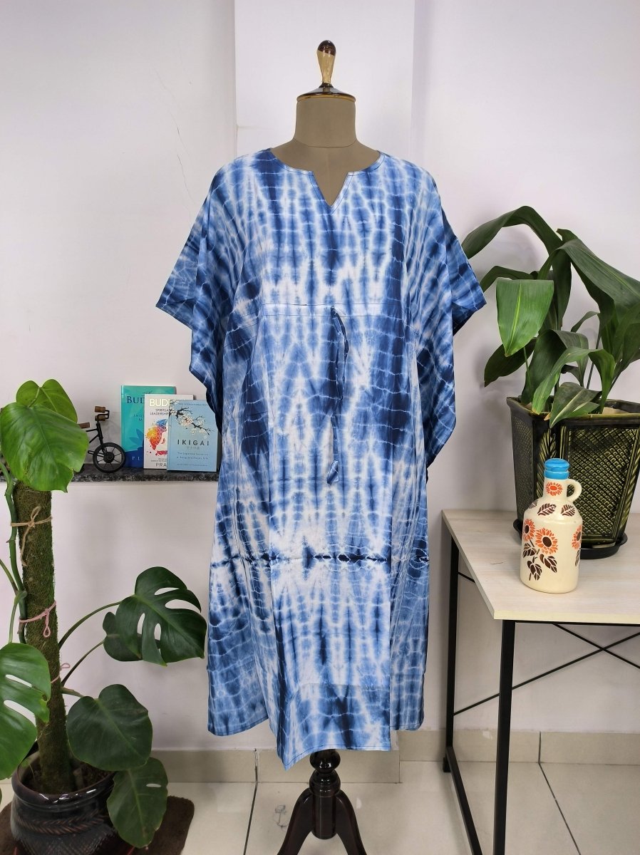 Boho Style Kaftan Dress | Indian Handprinted Blue White Indigo Tie Dye | Breathable Lightweight Cotton Fabric, Comfortable Chic Summer Look - The Eastern Loom